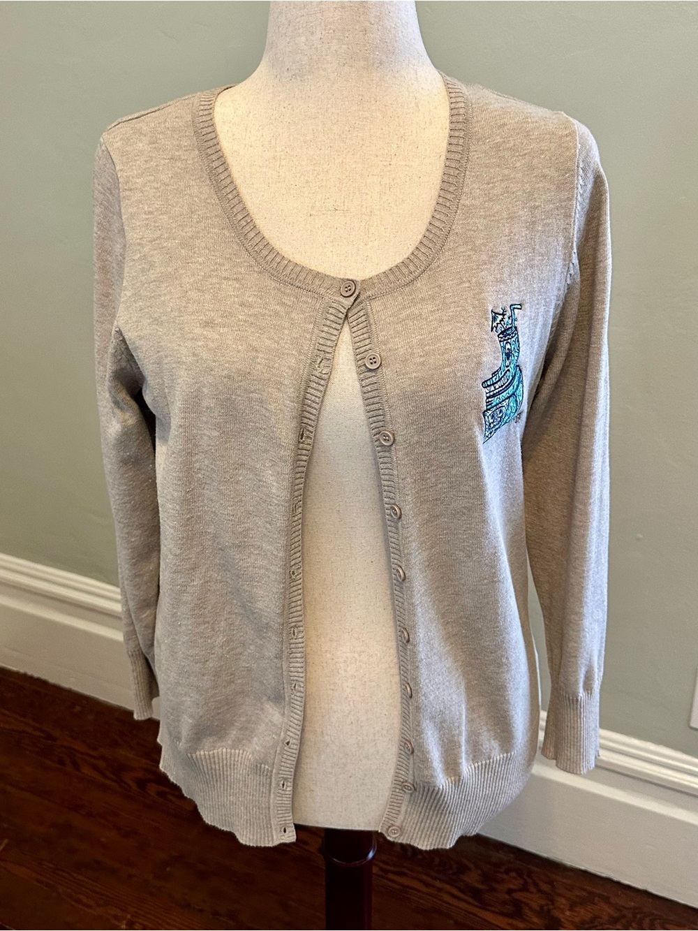 Beige Embroidered Tiki Drummer Button-Front Cardigan Sweater